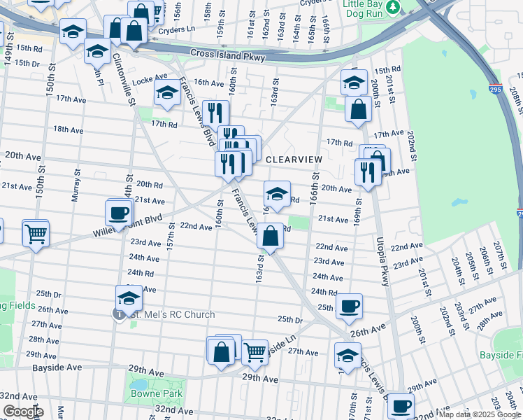 map of restaurants, bars, coffee shops, grocery stores, and more near 160-44 20th Road in Queens