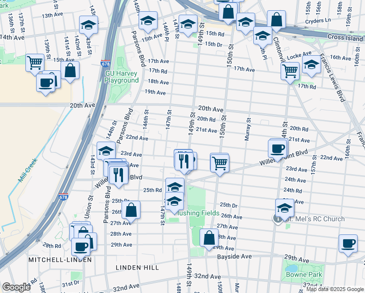 map of restaurants, bars, coffee shops, grocery stores, and more near 147-34 22nd Avenue in Queens