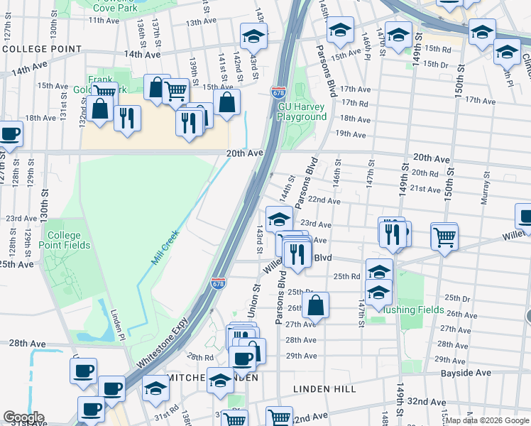 map of restaurants, bars, coffee shops, grocery stores, and more near 143-11 22nd Road in Queens