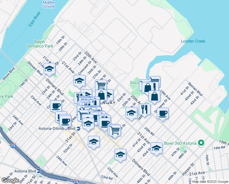 map of restaurants, bars, coffee shops, grocery stores, and more near in Queens
