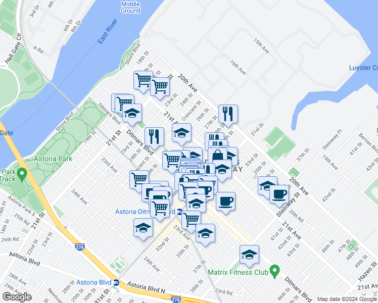 map of restaurants, bars, coffee shops, grocery stores, and more near 21-15 27th Street in Queens