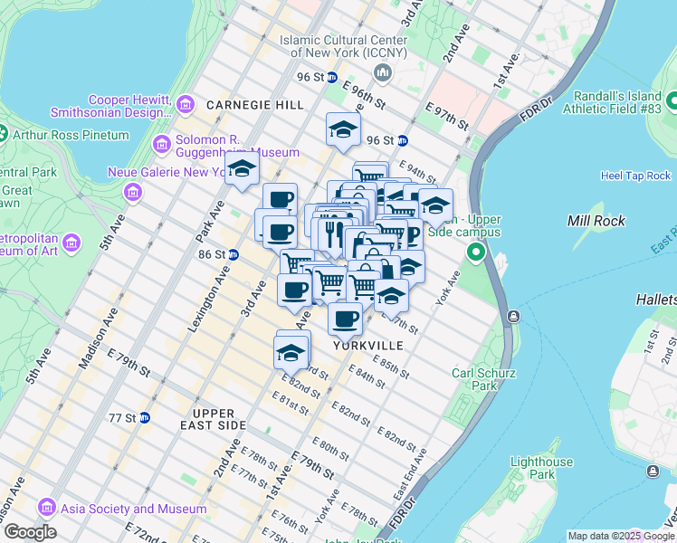 map of restaurants, bars, coffee shops, grocery stores, and more near 311 East 88th Street in New York