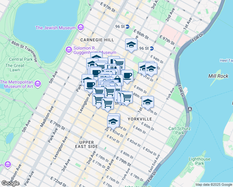 map of restaurants, bars, coffee shops, grocery stores, and more near 1529 3rd Avenue in New York