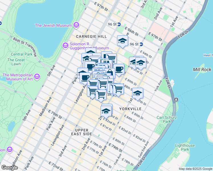 map of restaurants, bars, coffee shops, grocery stores, and more near 1529 3rd Avenue in New York