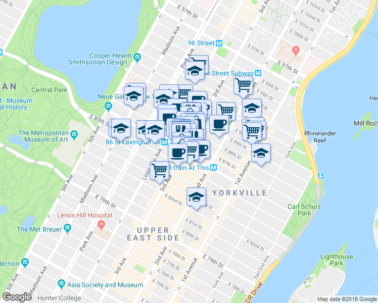 map of restaurants, bars, coffee shops, grocery stores, and more near 208 East 87th Street in New York