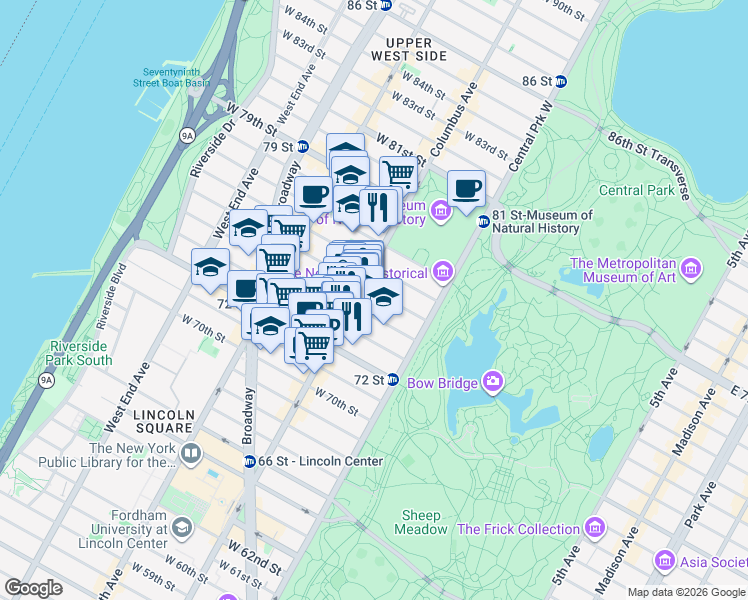 map of restaurants, bars, coffee shops, grocery stores, and more near 54 West 75th Street in New York