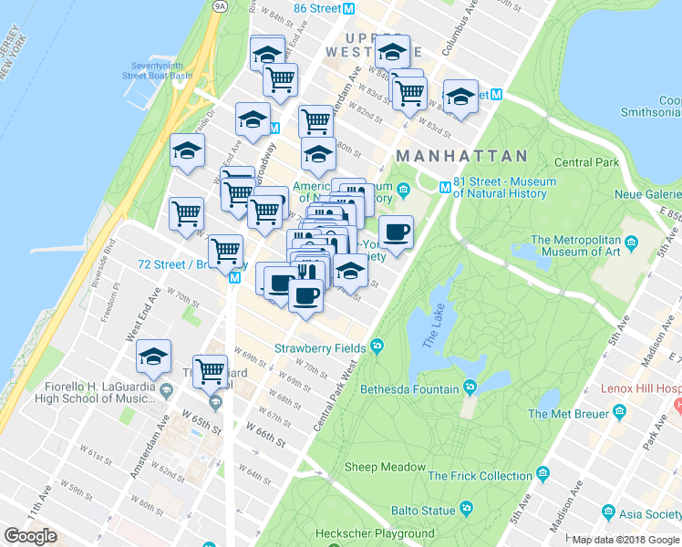 map of restaurants, bars, coffee shops, grocery stores, and more near 58 West 75th Street in New York