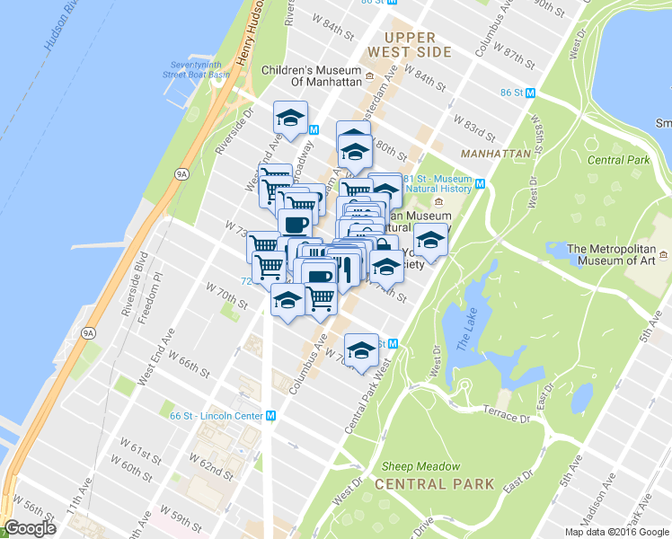 map of restaurants, bars, coffee shops, grocery stores, and more near 107 West 74th Street in New York