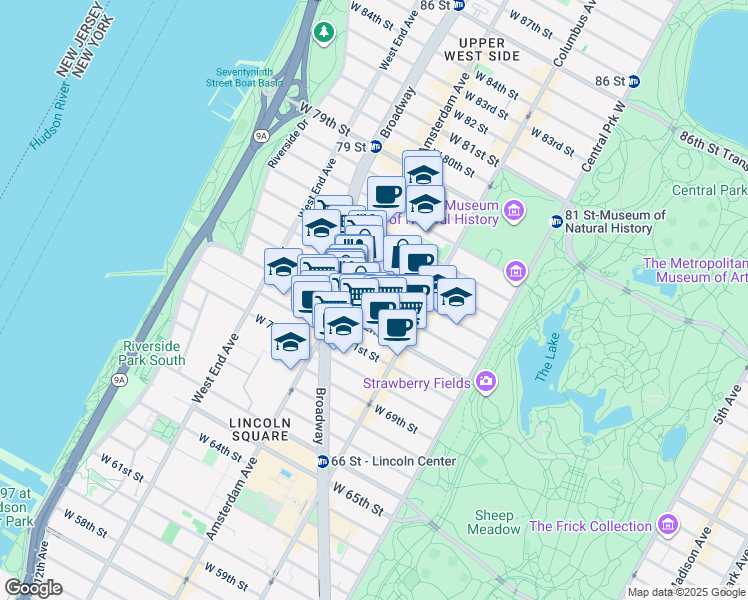 map of restaurants, bars, coffee shops, grocery stores, and more near 155 West 73rd Street in New York