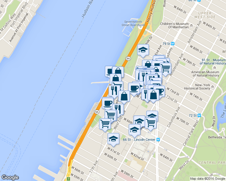 map of restaurants, bars, coffee shops, grocery stores, and more near 198 Riverside Dr in New York