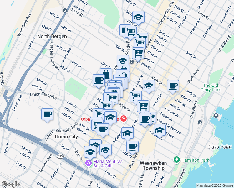 map of restaurants, bars, coffee shops, grocery stores, and more near 516 Lincoln Street in Union City