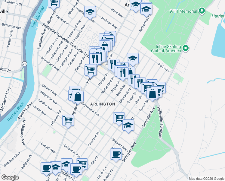 map of restaurants, bars, coffee shops, grocery stores, and more near 278 Argyle Place in Kearny