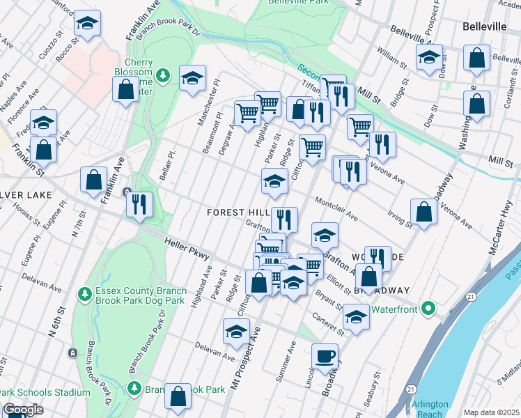 map of restaurants, bars, coffee shops, grocery stores, and more near 735-753 Ridge Street in Newark