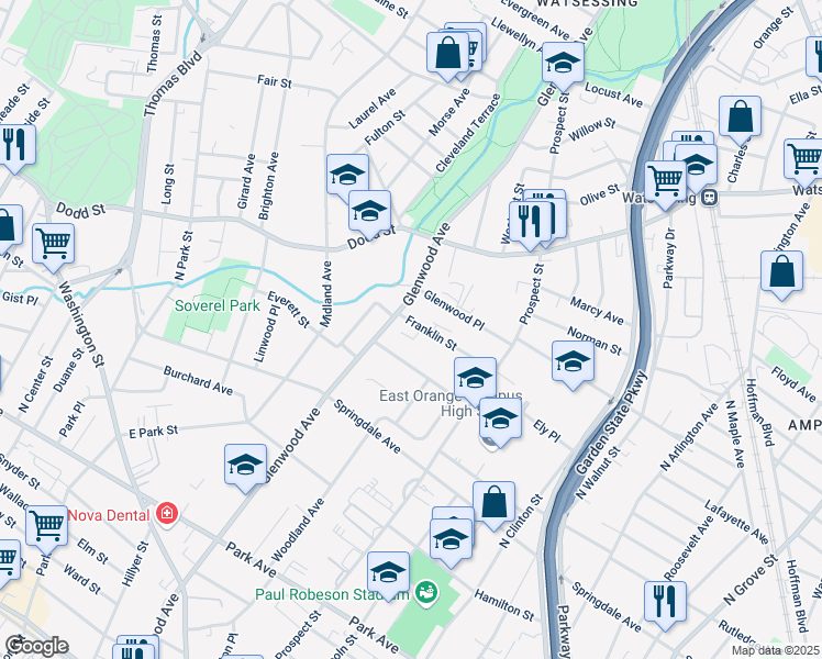 map of restaurants, bars, coffee shops, grocery stores, and more near 74 Franklin Street in East Orange