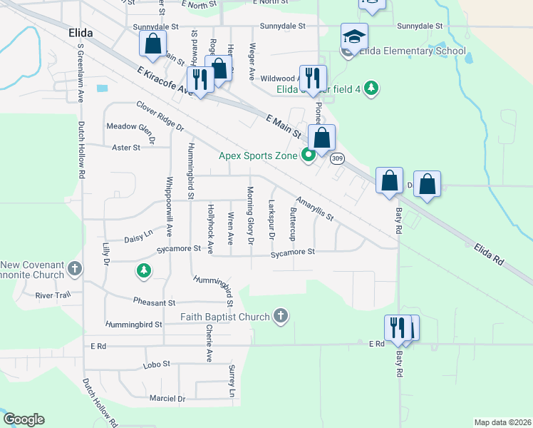 map of restaurants, bars, coffee shops, grocery stores, and more near 2126 Larkspur Drive in Elida