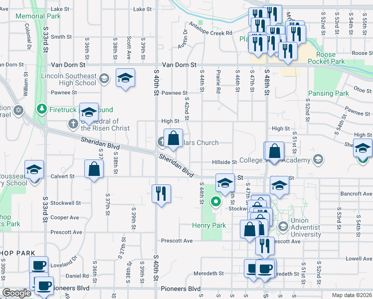 map of restaurants, bars, coffee shops, grocery stores, and more near 3348 South 42nd Street in Lincoln