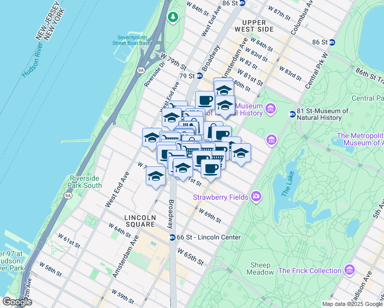 map of restaurants, bars, coffee shops, grocery stores, and more near 160 West 73rd Street in New York