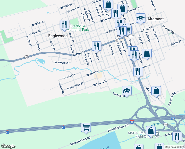 map of restaurants, bars, coffee shops, grocery stores, and more near 502 West Arch Street in Frackville