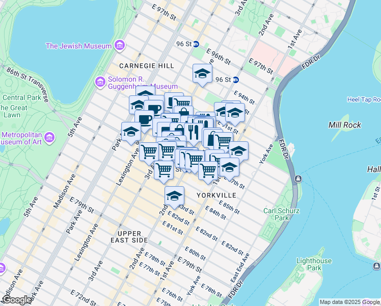 map of restaurants, bars, coffee shops, grocery stores, and more near 1681 2nd Avenue in New York