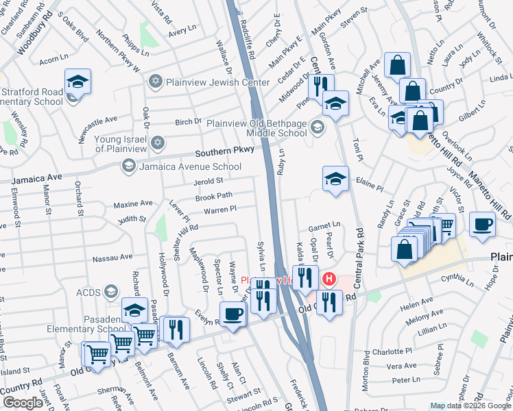 map of restaurants, bars, coffee shops, grocery stores, and more near Sylvia Lane & Warren Place in Plainview