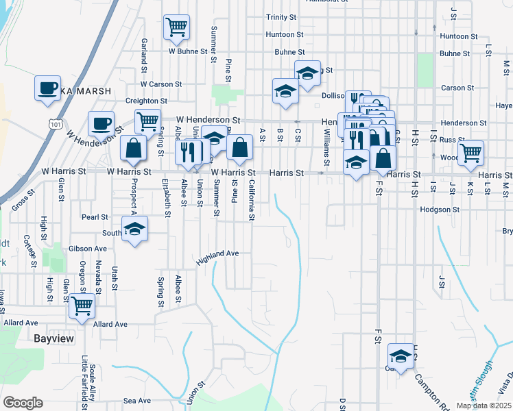 map of restaurants, bars, coffee shops, grocery stores, and more near 3305 California St in Eureka