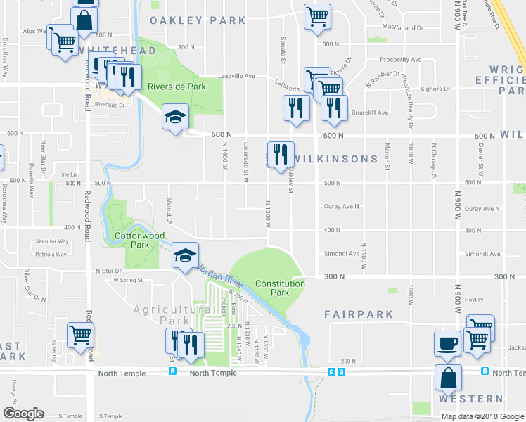 map of restaurants, bars, coffee shops, grocery stores, and more near 435 North 1300 West in Salt Lake City