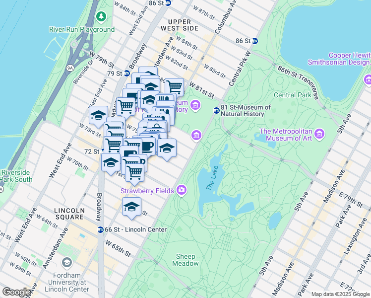 map of restaurants, bars, coffee shops, grocery stores, and more near 8 West 76th Street in New York
