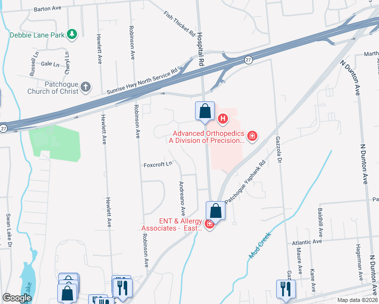 map of restaurants, bars, coffee shops, grocery stores, and more near 41 Neptune Avenue in East Patchogue