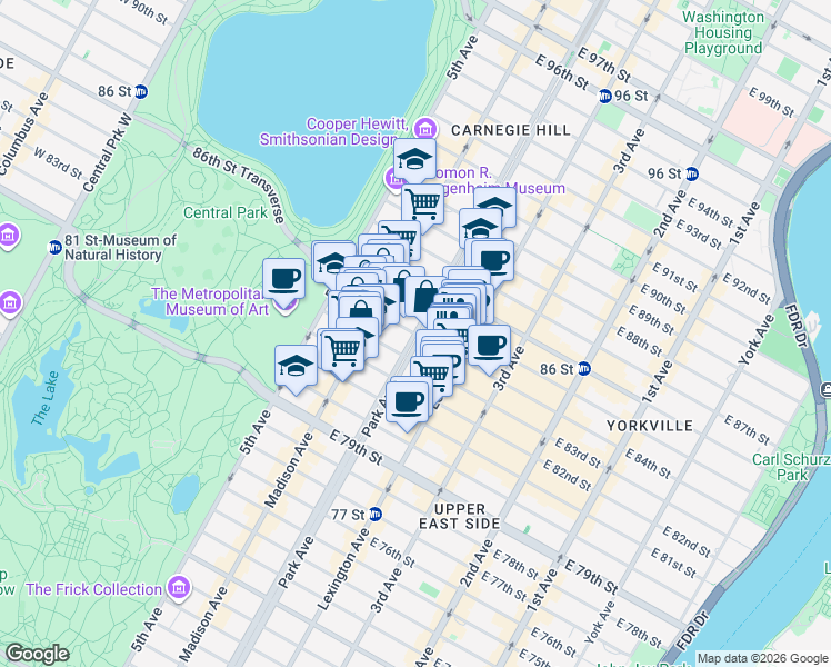 map of restaurants, bars, coffee shops, grocery stores, and more near Park Ave & E 84th St in New York