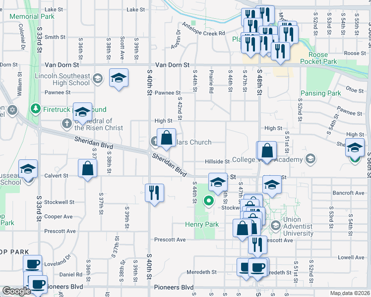 map of restaurants, bars, coffee shops, grocery stores, and more near 3348 South 42nd Street in Lincoln