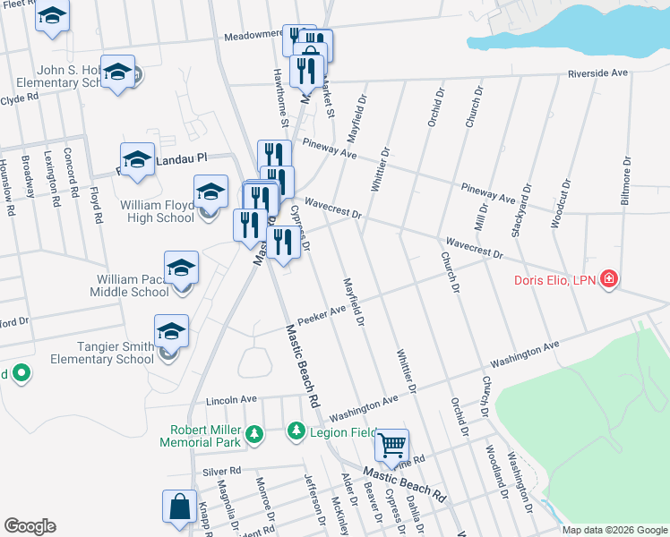 map of restaurants, bars, coffee shops, grocery stores, and more near 76 Mayfield Dr in Mastic Beach