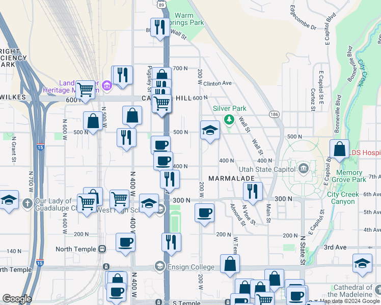 map of restaurants, bars, coffee shops, grocery stores, and more near 441 North 200 West in Salt Lake City