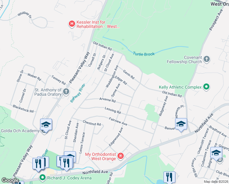 map of restaurants, bars, coffee shops, grocery stores, and more near 6 Barone Road in West Orange