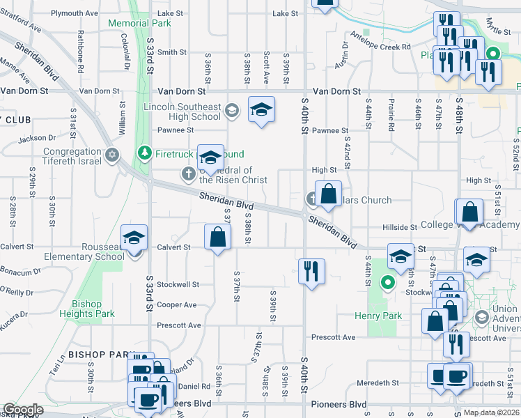 map of restaurants, bars, coffee shops, grocery stores, and more near 3827 Sheridan Boulevard in Lincoln