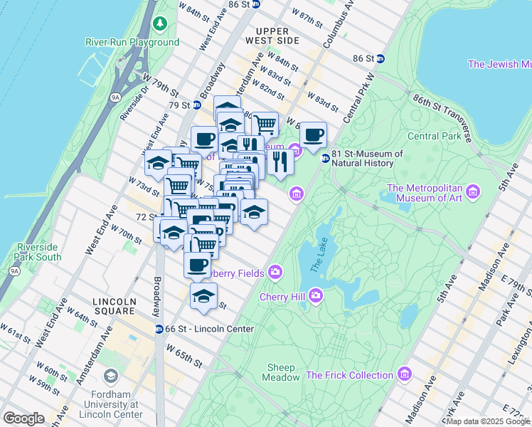 map of restaurants, bars, coffee shops, grocery stores, and more near 27 West 75th Street in New York