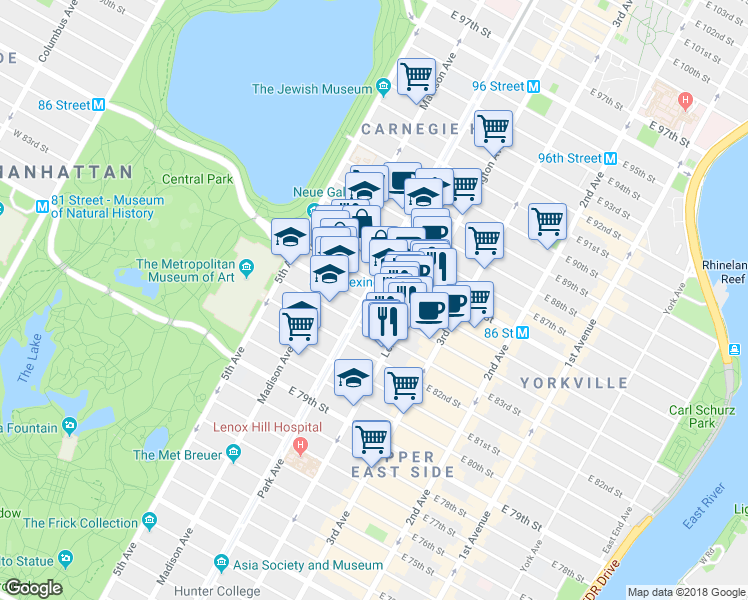 map of restaurants, bars, coffee shops, grocery stores, and more near 1001 Park Avenue in New York