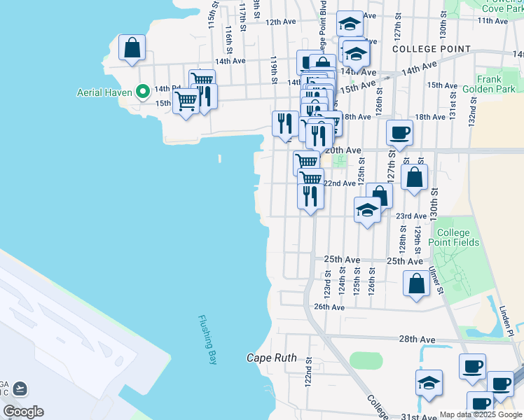 map of restaurants, bars, coffee shops, grocery stores, and more near 22-48 119th Street in Queens