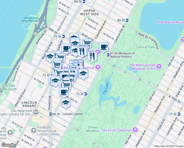 map of restaurants, bars, coffee shops, grocery stores, and more near 22 West 76th Street in New York