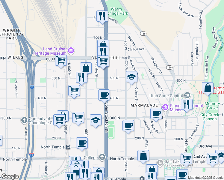 map of restaurants, bars, coffee shops, grocery stores, and more near 276 Bishop Place in Salt Lake City