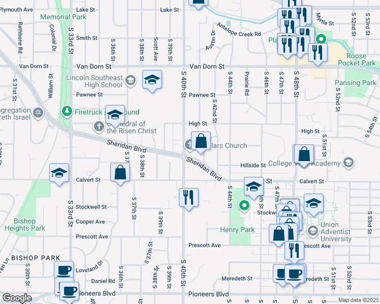 map of restaurants, bars, coffee shops, grocery stores, and more near 4000 Sheridan Boulevard in Lincoln