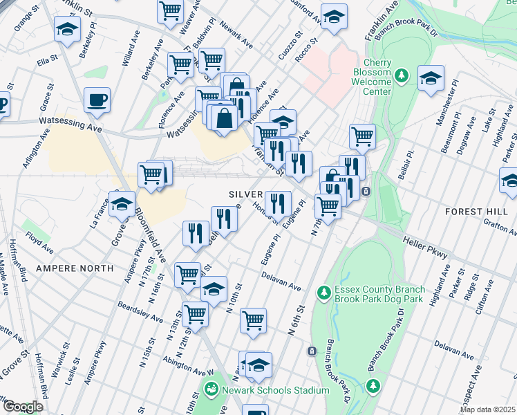 map of restaurants, bars, coffee shops, grocery stores, and more near 58 Honiss Street in Belleville