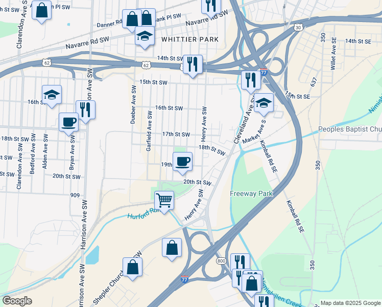 map of restaurants, bars, coffee shops, grocery stores, and more near 1810 Stark Ave SW in Canton