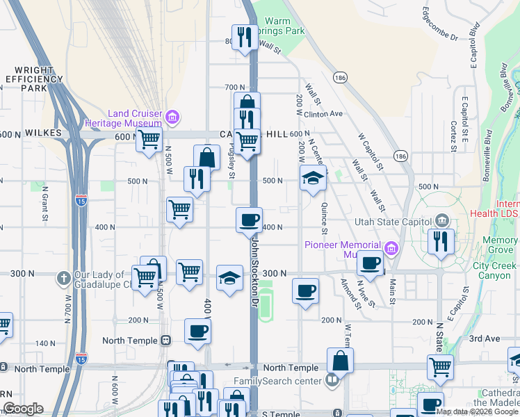 map of restaurants, bars, coffee shops, grocery stores, and more near 294 Bishop Place in Salt Lake City