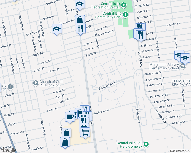 map of restaurants, bars, coffee shops, grocery stores, and more near 45 Broadlawn Drive in Central Islip