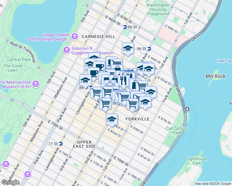 map of restaurants, bars, coffee shops, grocery stores, and more near 260 East 87th Street in New York