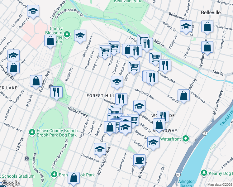map of restaurants, bars, coffee shops, grocery stores, and more near 735 Ridge Street in Newark