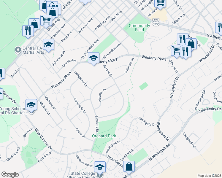 map of restaurants, bars, coffee shops, grocery stores, and more near 818 Webster Drive in State College