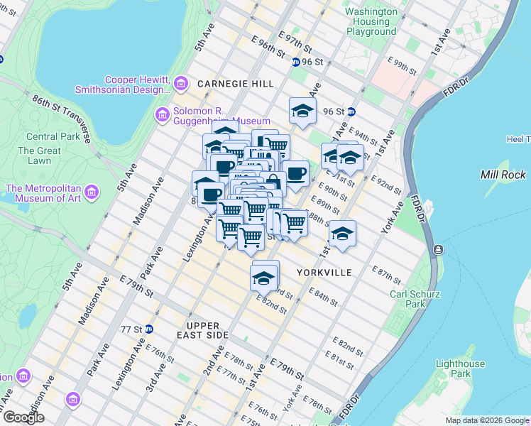 map of restaurants, bars, coffee shops, grocery stores, and more near 220 East 87th Street in New York