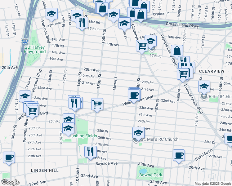 map of restaurants, bars, coffee shops, grocery stores, and more near 21-23 Murray Street in Queens
