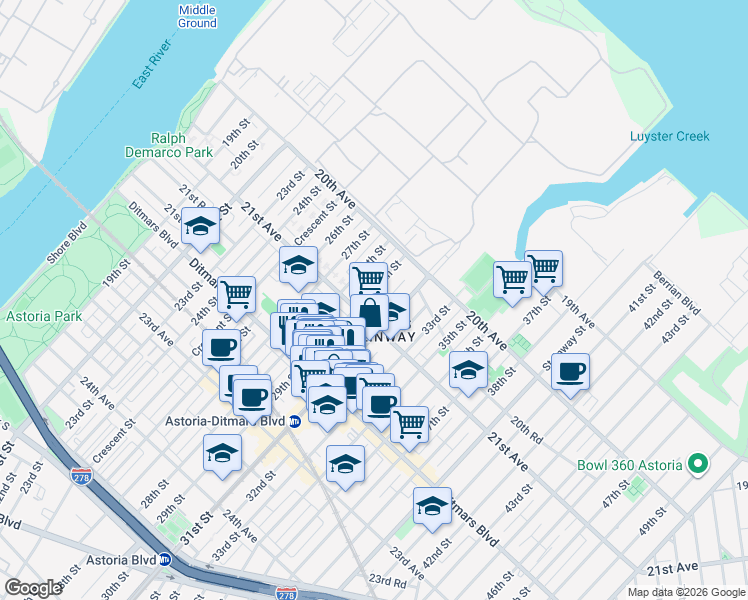 map of restaurants, bars, coffee shops, grocery stores, and more near 20-61 29th Street in Queens